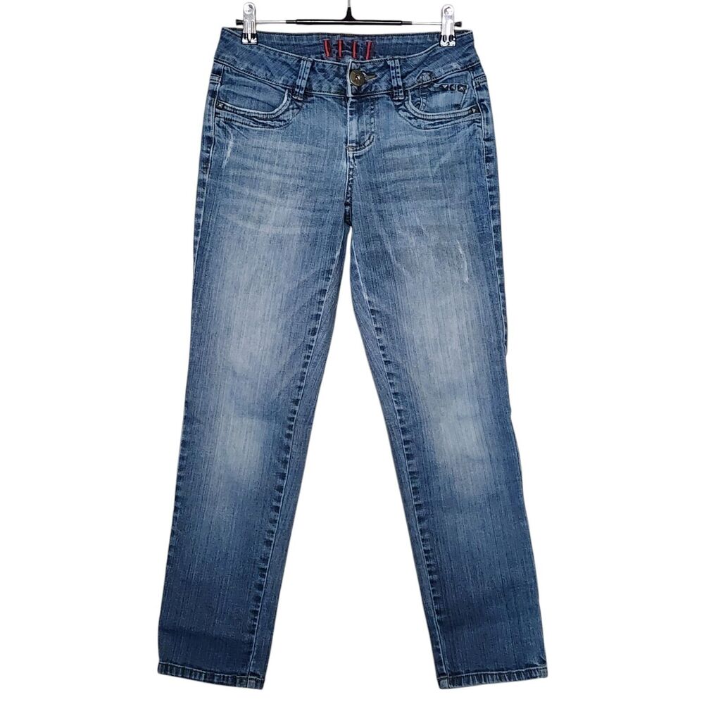 Elle Womens Ankle Jeans Size 2 Blue Mid Rise Slim Straight Studded Stretch